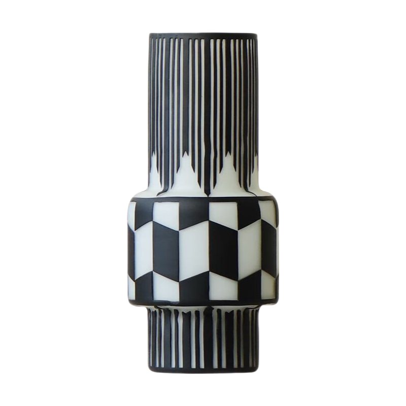 Black and white Carved geometric lines handmade hand blown frosted glass vase 34x14cm