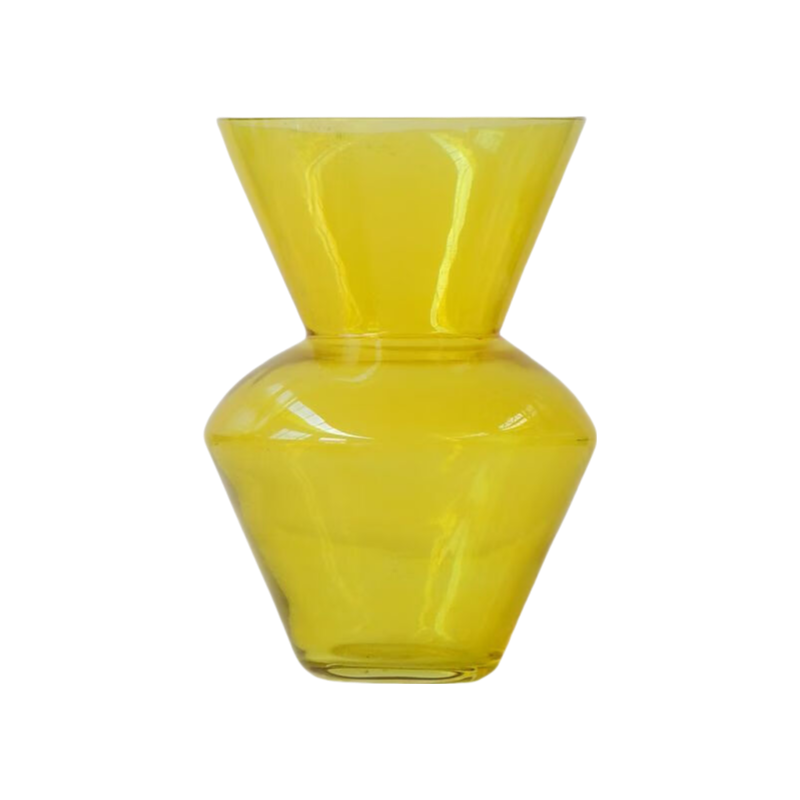 Yellow transparent handmade hand blown geometric shaped large mouth glass vase 35x24cm