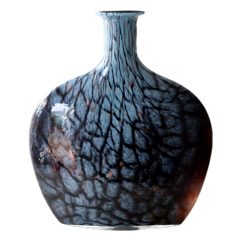 Blue black gold-sprinkled mottled pattern handmade hand blown glass vase 30x29cm