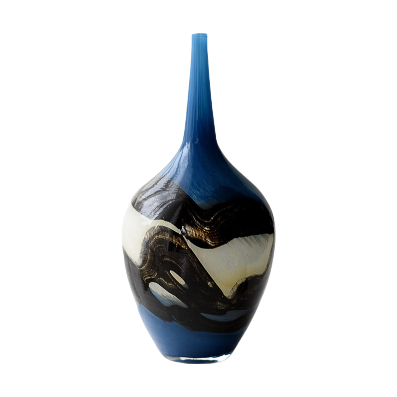 Blue and black Ink painting abstract wave handmade hand blown Art Glass Sculpture 36x17cm