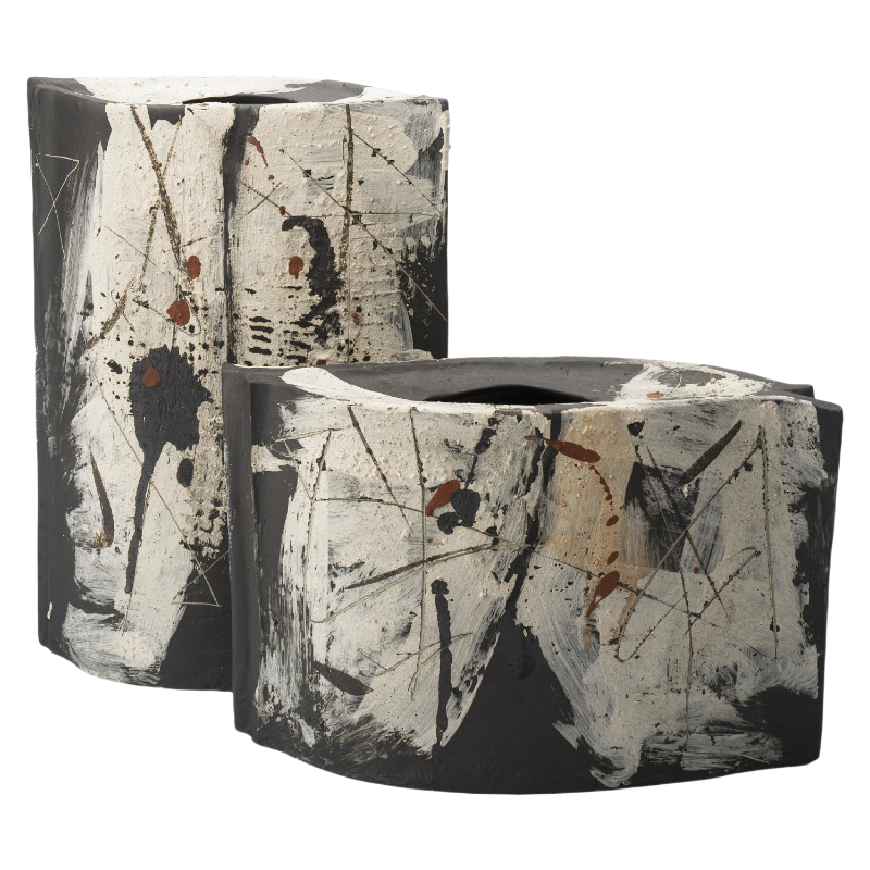 black and white wabi-sabi style abstract ink art artist handmade ceramic vase 22x34cm - Short (The right 1pc)