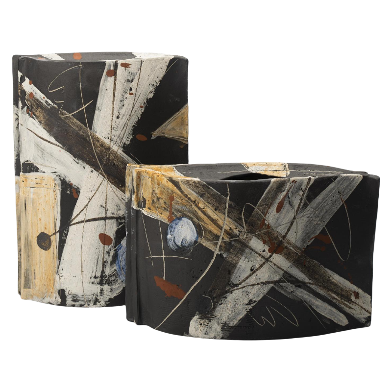 black and white wabi-sabi style abstract ink art artist handmade ceramic vase 36x25cm - Tall (The Left 1pc)