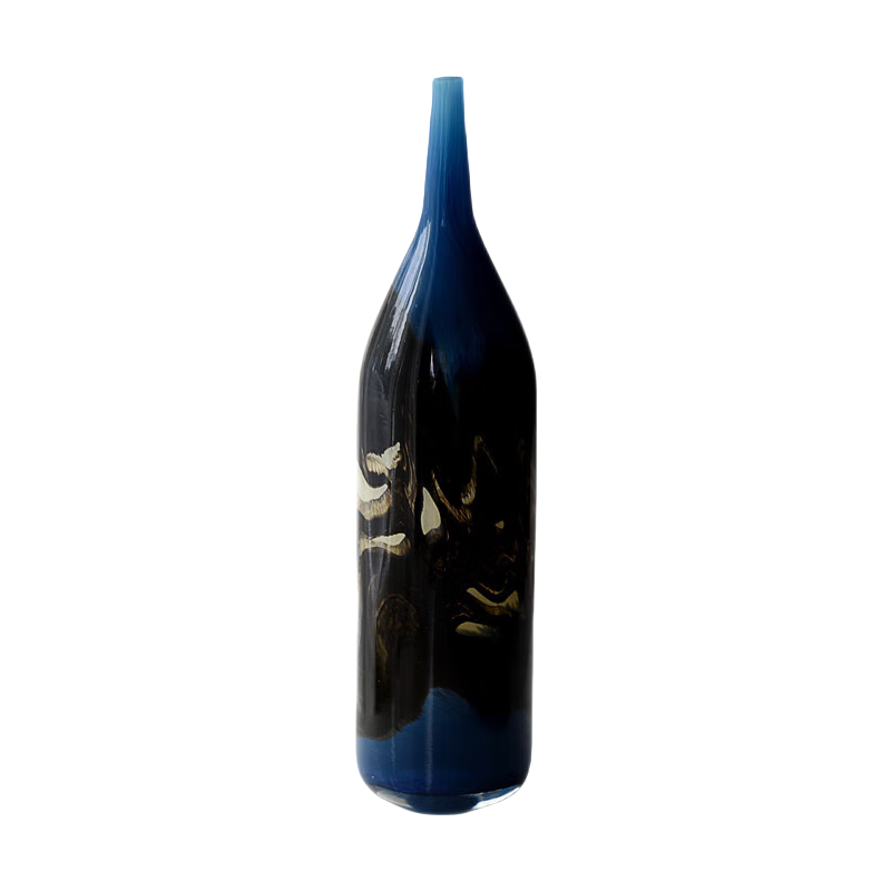 Blue and black abstract lines gradient handmade hand blown Art Glass Sculpture 37x10cm