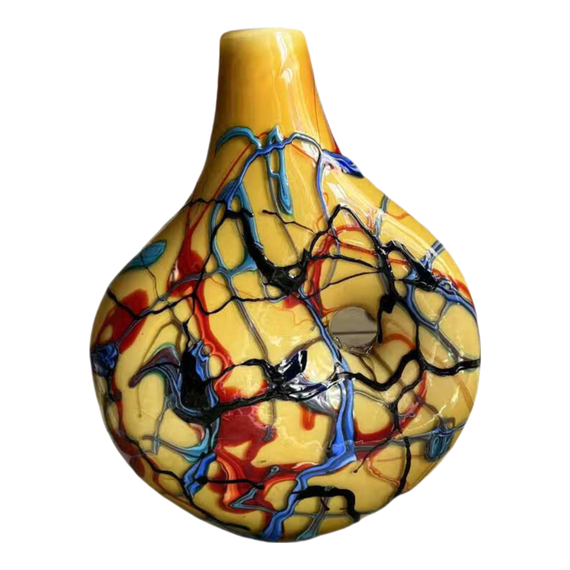 Yellow abstract handmade hand blown graffiti flat oval heavy colored glaze glass vase 39x30cm