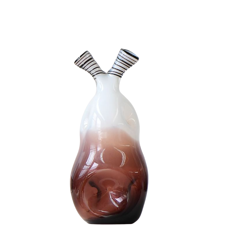 Pink white artist handmade hand blown concave double mouth heavy colored glaze glass vase 38x17cm