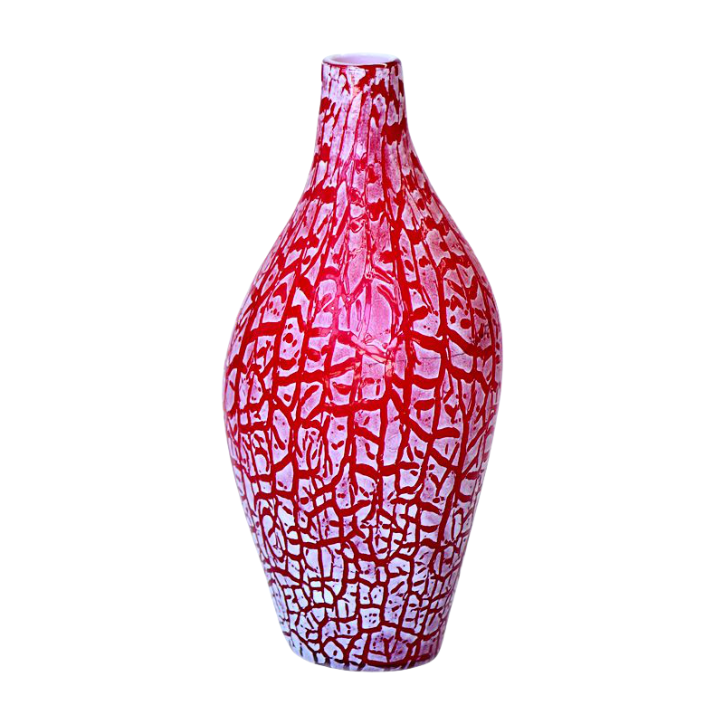Red and white handmade hand blown crackle craft painting oval glass vase 38x17cm