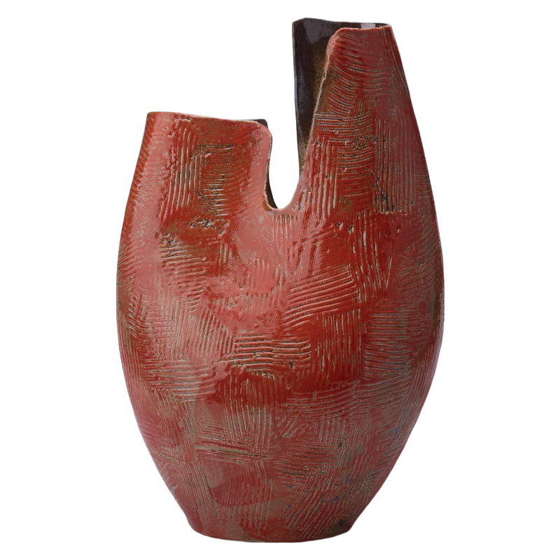 red wabi-sabi style rustic art abstract artist handmade ceramic vase 38x23.5cm