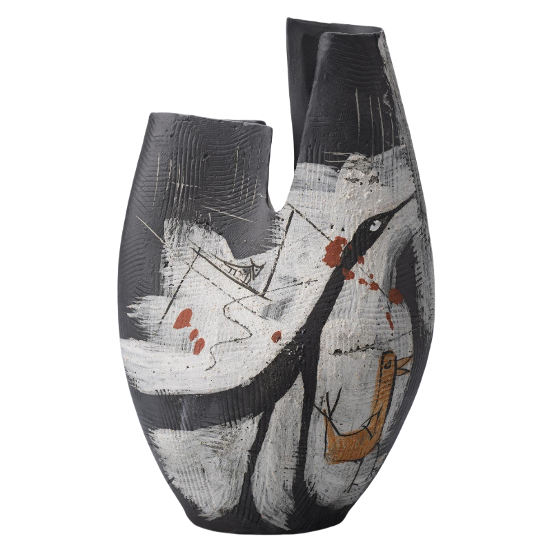 black and white wabi-sabi style ink art abstract artist handmade ceramic vase 38x23.5cm