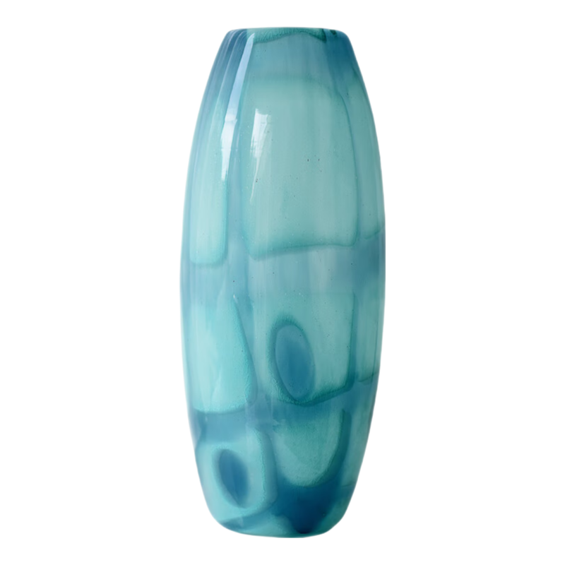 Blue abstract Ice cracking craft oval handmade hand blown glass vase 39x16cm