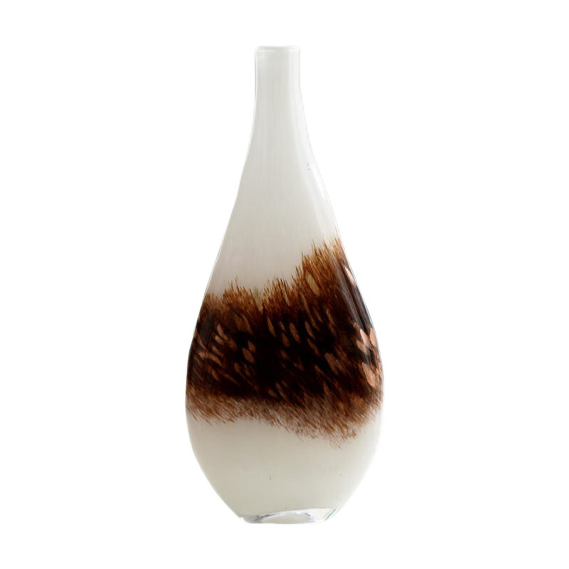White brown handmade hand blown flat gold-sprinkled small-mouthed tall glass vase 40x16cm