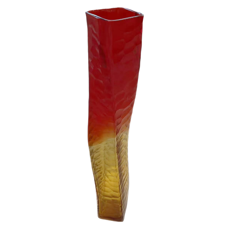 Red Gold handmade hand blown Slim Irregular Crystal Carved Colored Art Glass Vase 40.5x6.5cm