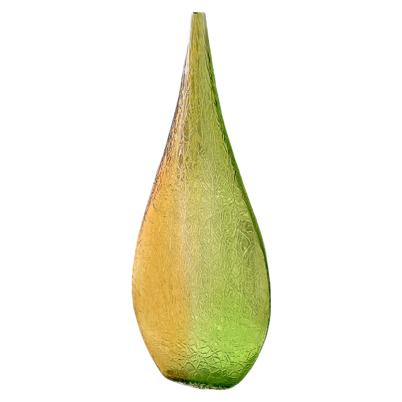 Yellow green handmade hand blown water drop shape contrast ice crack carved Art Glass Sculpture 40x17cm