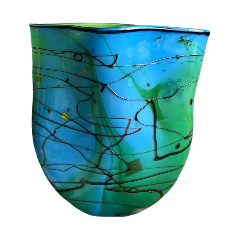 Blue green artist handmade hand blown abstract graffiti oil painting oval heavy colored glaze glass vase 41x32cm