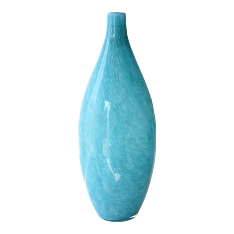 Turquoise color handmade hand blown oval small mouth tall glass vase 42x17cm