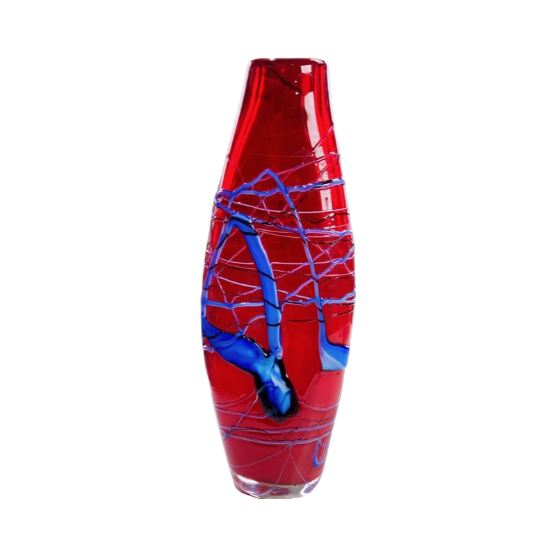 Red blue artist handmade hand blown abstract graffiti oil painting oval heavy colored glaze glass vase 43.9x16cm