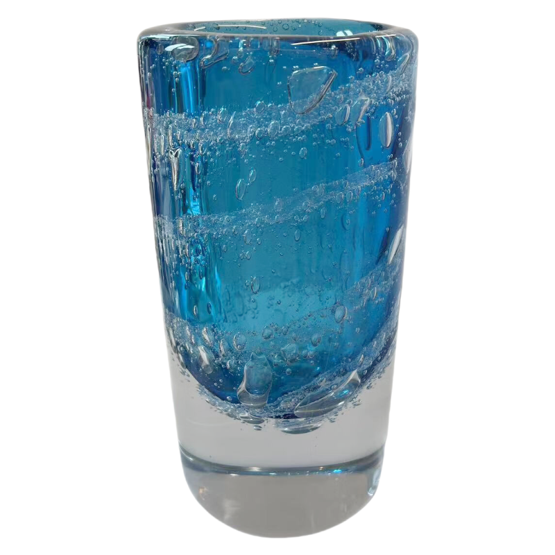 Blue bubble detail handmade hand blown heavy colored glaze glass vase 26.5x12.5cm