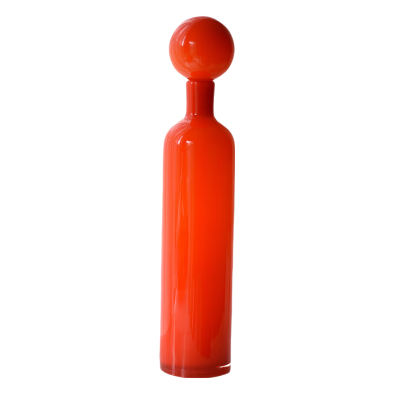 Orange red handmade hand blown glass small mouth slim vase with lid 45x10cm