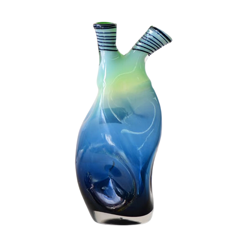 Blue green cocave double mouth Futuristic oval handmade hand blown heavy colored glaze glass vase 45x18cm