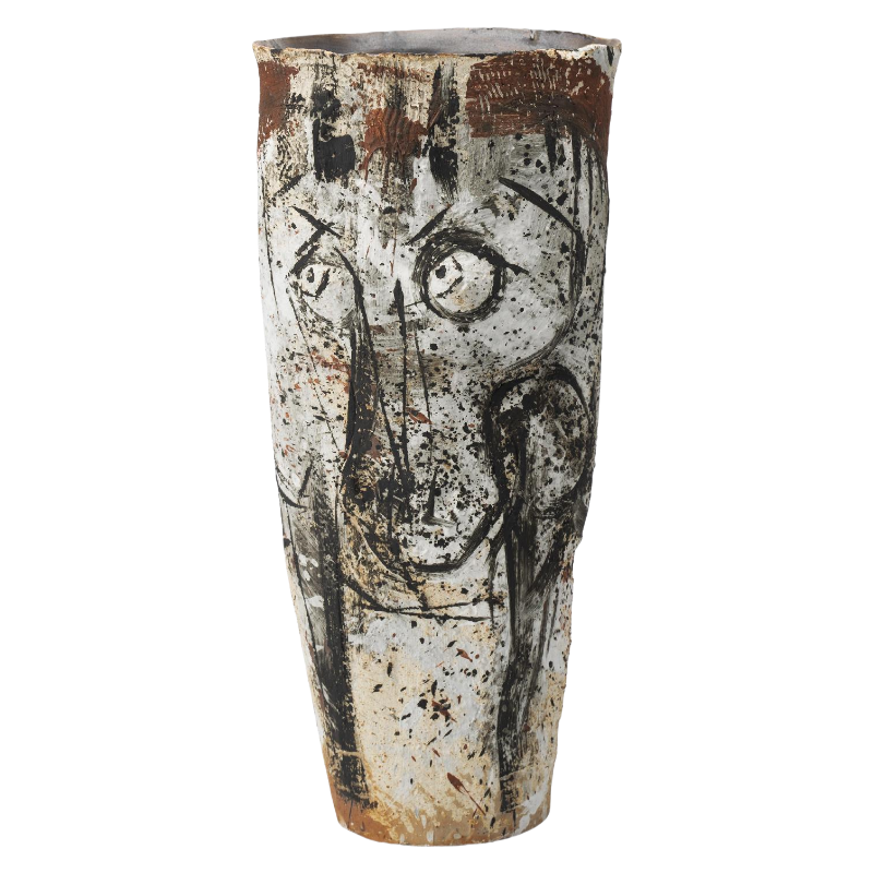 Beige and black wabi-sabi style figure face art paint abstract artist handmade ceramic vase 49x16cm