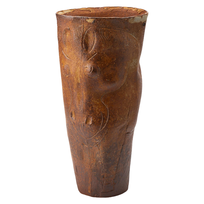 Orange rustic wabi-sabi style ox animal face art paint abstract artist handmade ceramic vase 49x16cm