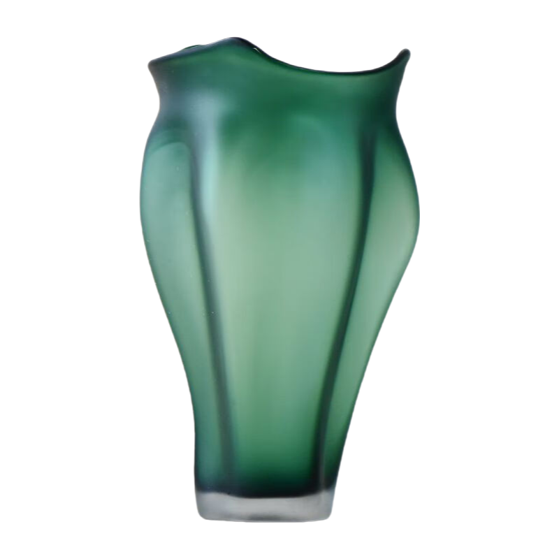 Green handmade hand blown Sculptural art irregular frosted curved shape glass vase 49x28cm