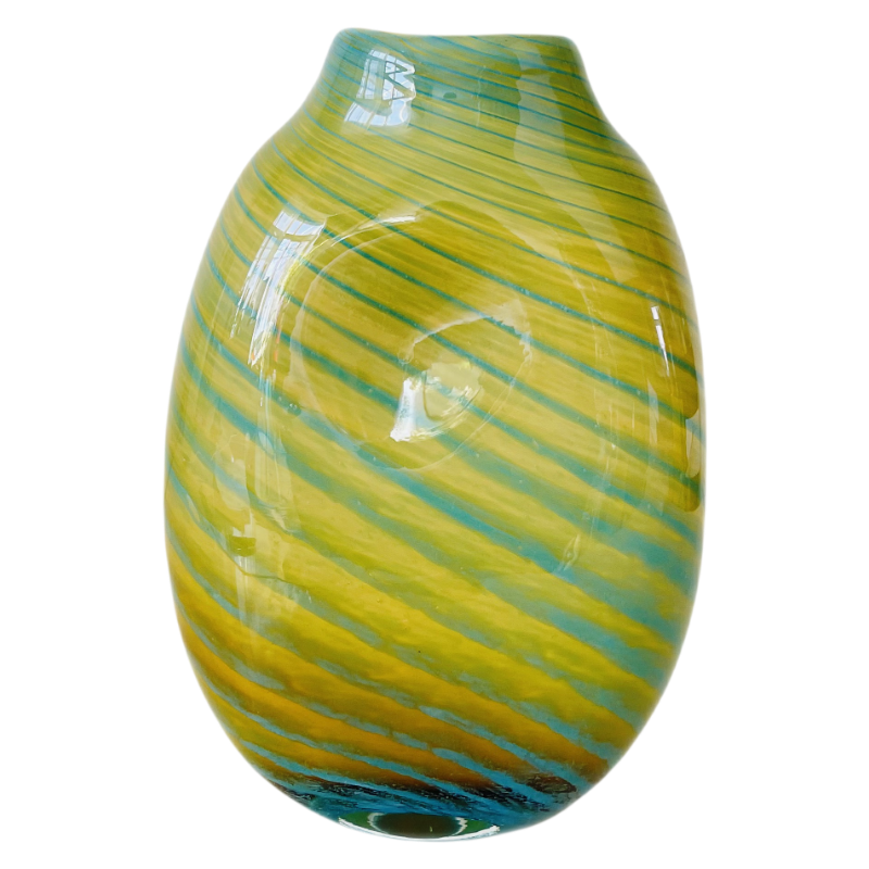 Green Yellow Line Concave Flat handmade hand blown Glass Vase - Zebra on the Grassland 28.5x19.5cm