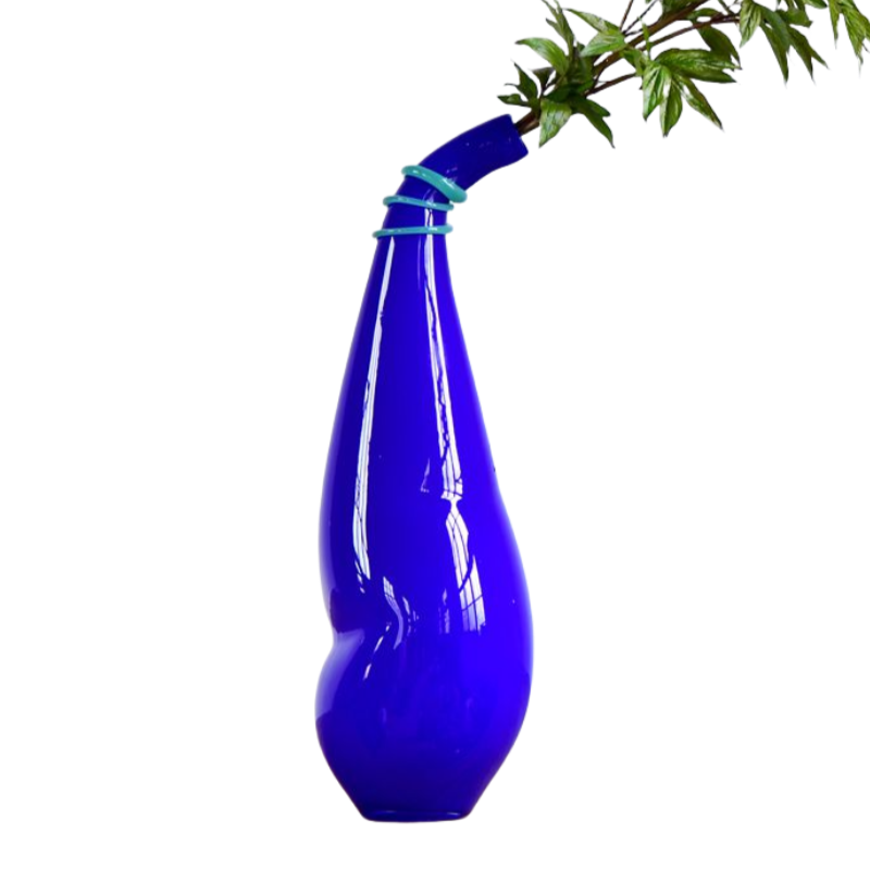 Blue concave creative art oval curved handmade hand blown glass vase 52x19cm