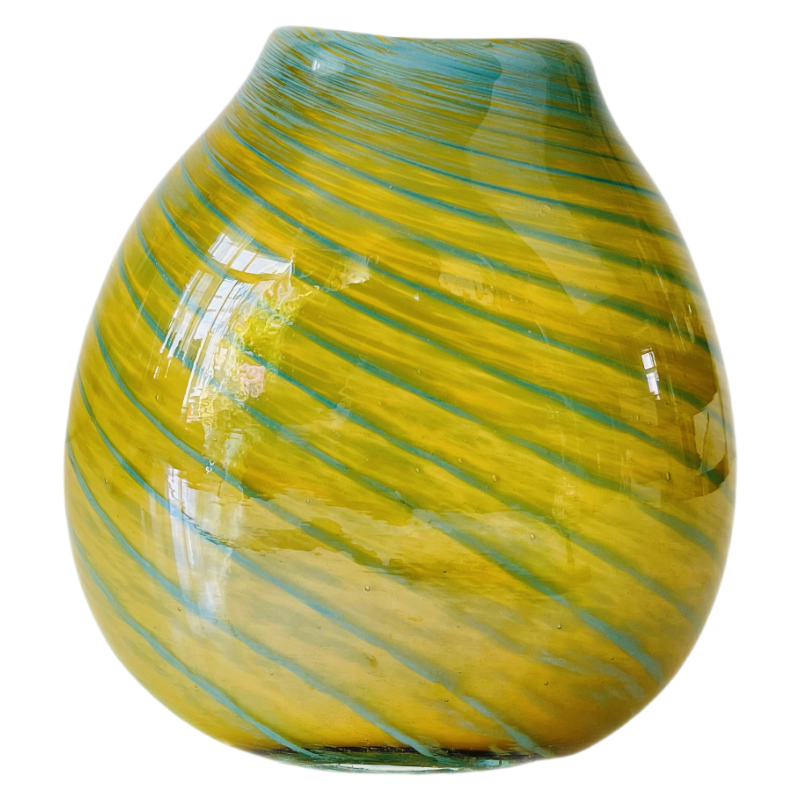 Green Yellow Line Concave Flat handmade hand blown Glass Vase - Zebra on the Grassland 20x18.5cm