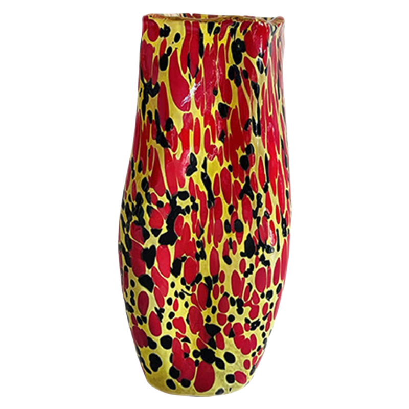 Red yellow and black handmade hand blown mosaic abstract dots irregular glass vase 20x7cm