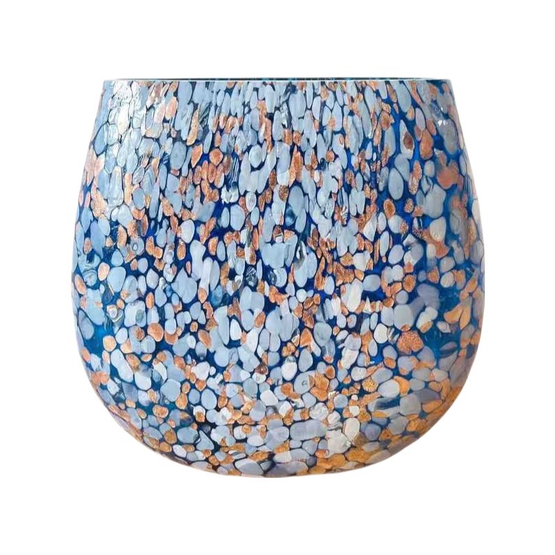 Blue stone look handmade hand blown mosaic abstract imitation stone oval flat open glass vase 23x19cm