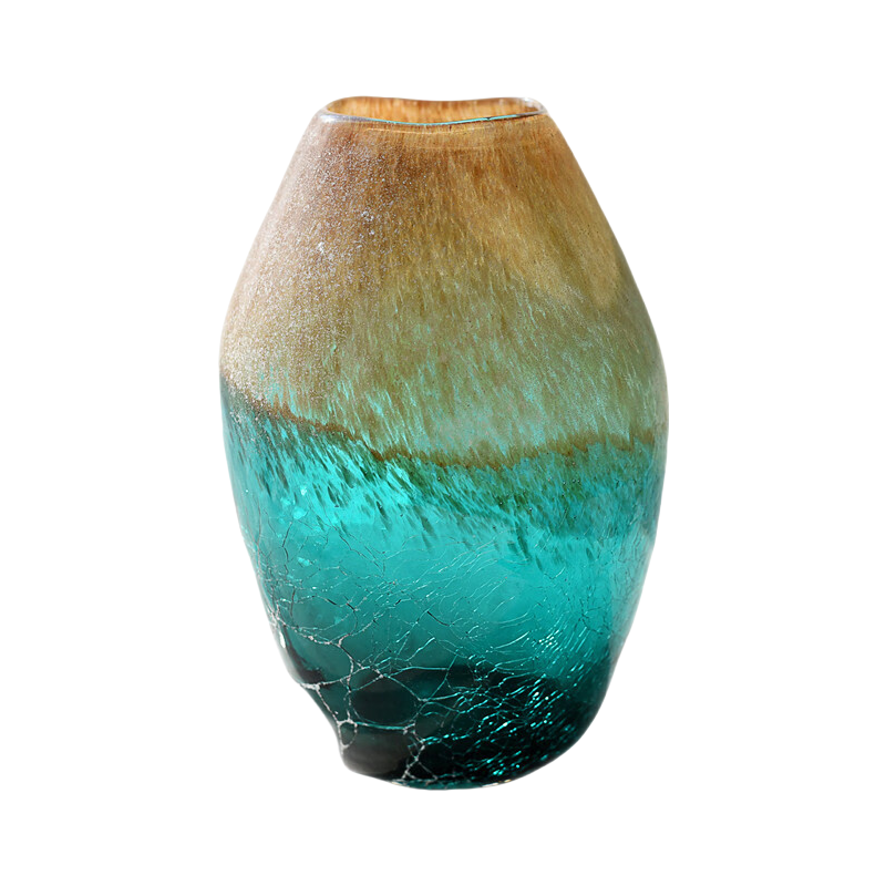 Green handmade hand blown Gradient Perspective Ice Crack Craft Lake Abstract Art Glass Vase 21x13cm