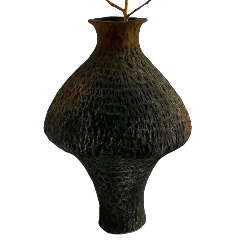 Black brown hand-engraved wabi-sabi style abstract artist handmade scupltural coarse pottery art ceramic vase 29x19cm