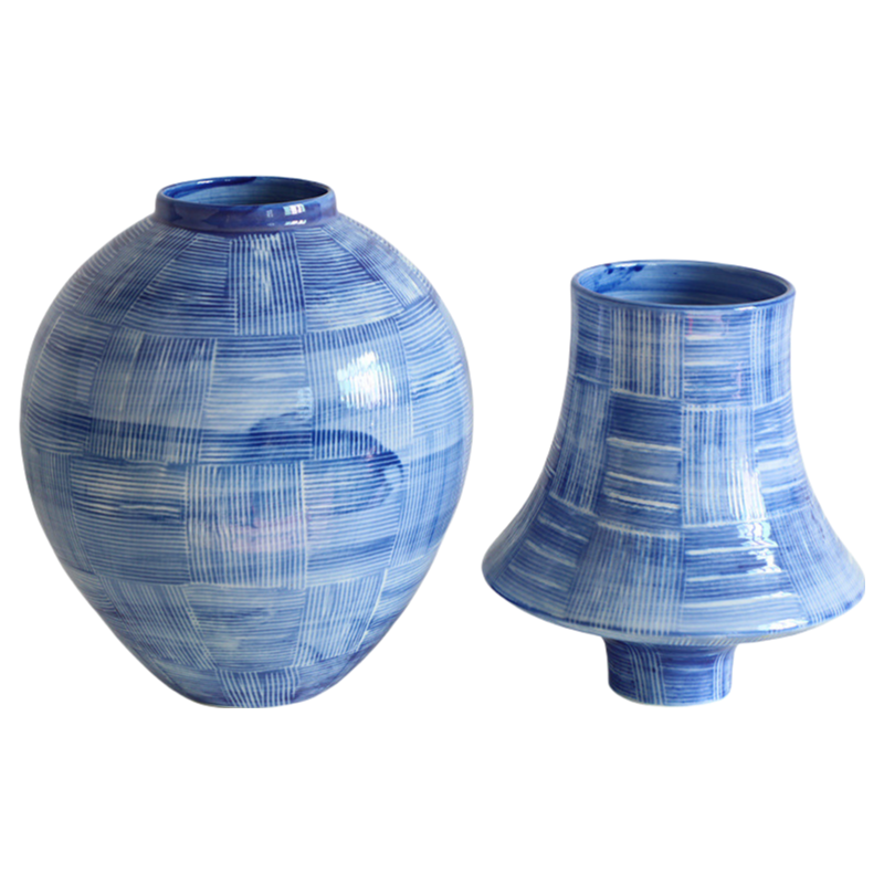 Blue hand drawn asian paint zen art artist handmade scupltural ceramic porcelain vase 25x21cm