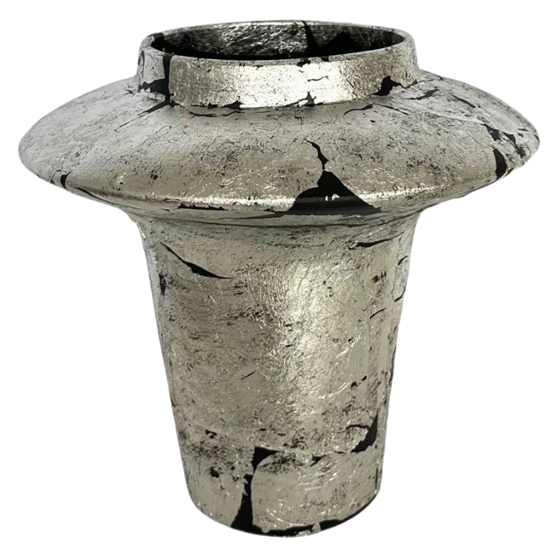 Silver foiled wabi-sabi style bstract artist handmade scupltural ceramic vase 23x23cm