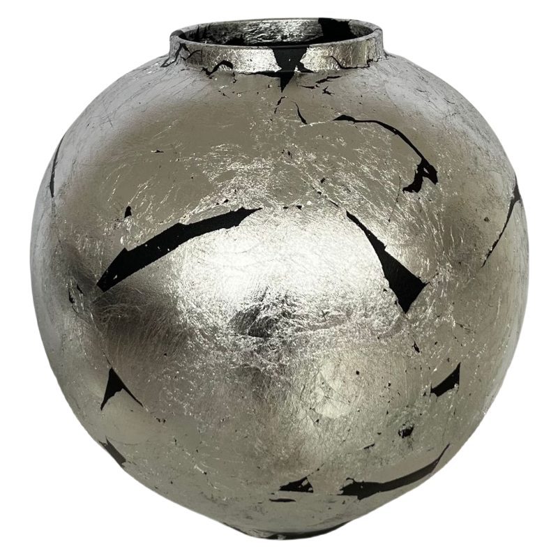 Silver foiled rustic wabi-sabi style zen art artist handmade scupltural ceramic vase 30x32cm
