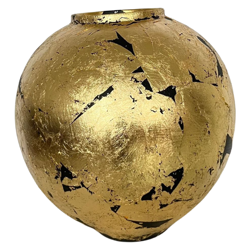 Golden foiled rustic wabi-sabi style zen art artist handmade scupltural ceramic vase 30x32cm