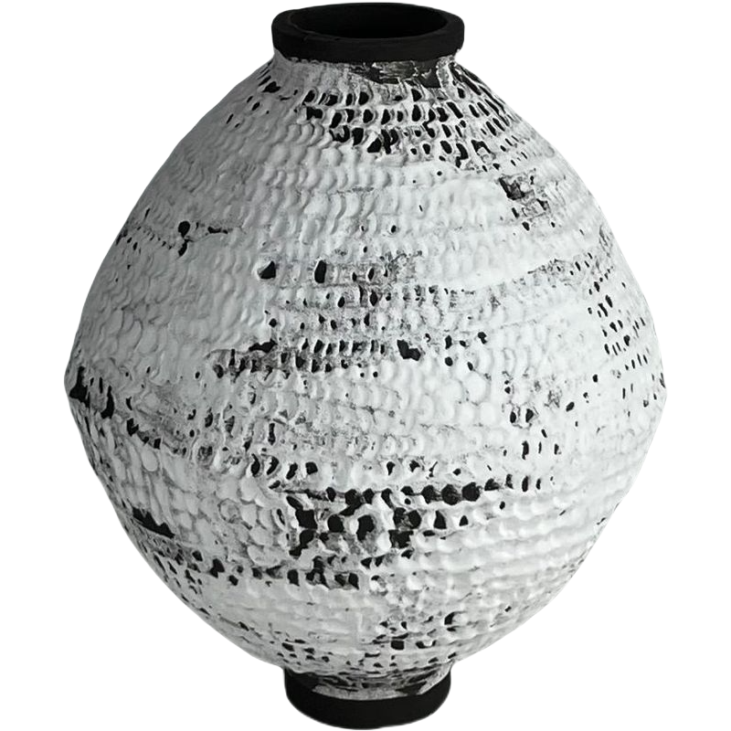 White and brown hand-engraved wabi sabi artist handmade scupltural ceramic vase 33x26cm