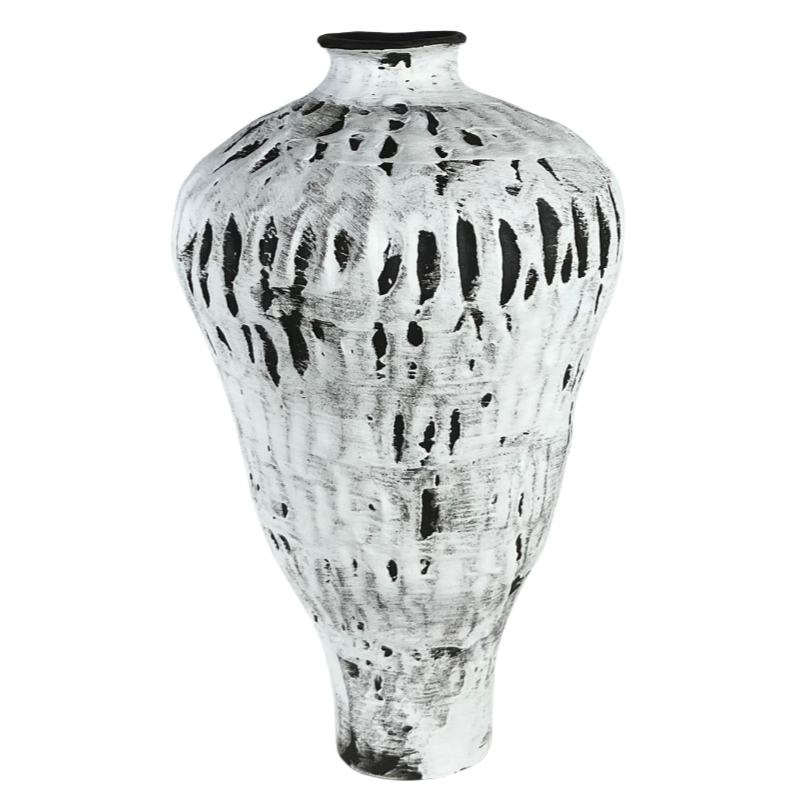 White and black hand-engraved wabi-sabi style abstract artist handmade scupltural coarse pottery art ceramic vase 30x17cm