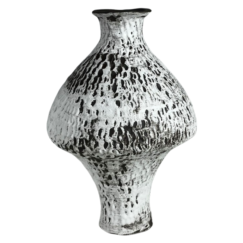 White and brown hand-engraved wabi sabi artist handmade scupltural ceramic vase 29x19cm