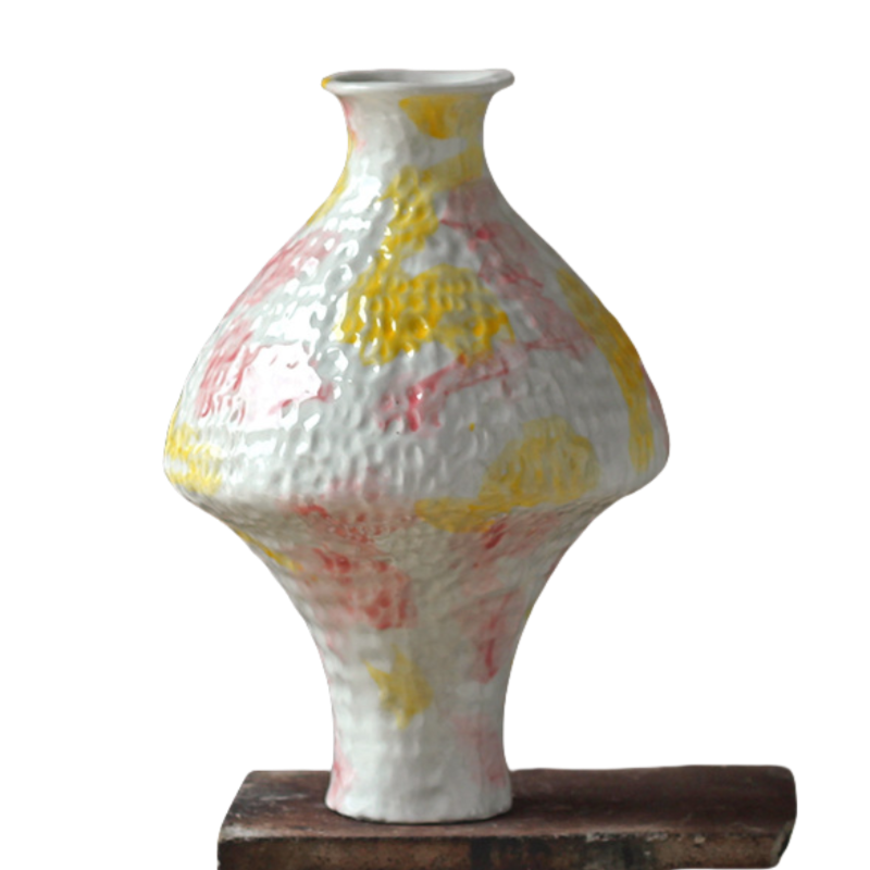 Yellow pink white colorful artist hand draw handmade scupltural ceramic vase 30x20cm