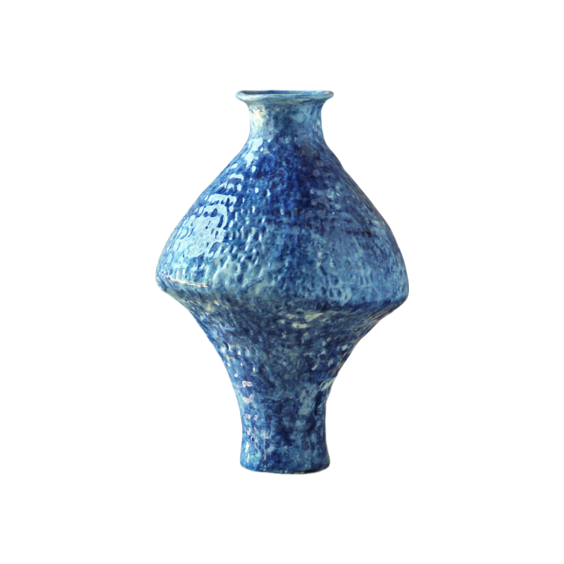Blue hand-engraved wabi-sabi style abstract artist handmade scupltural coarse pottery art ceramic vase 30x20cm