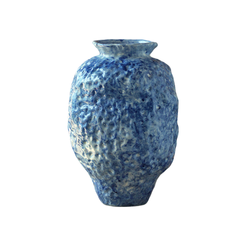 Blue hand-engraved wabi-sabi style abstract artist handmade scupltural coarse pottery art ceramic vase31x20cm