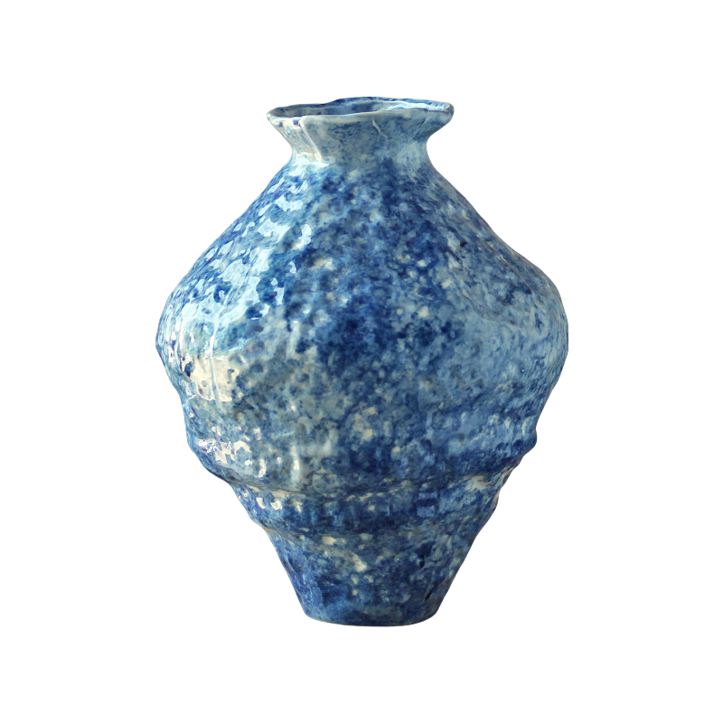Blue hand-engraved wabi-sabi style abstract artist handmade scupltural coarse pottery art ceramic vase 31x24cm