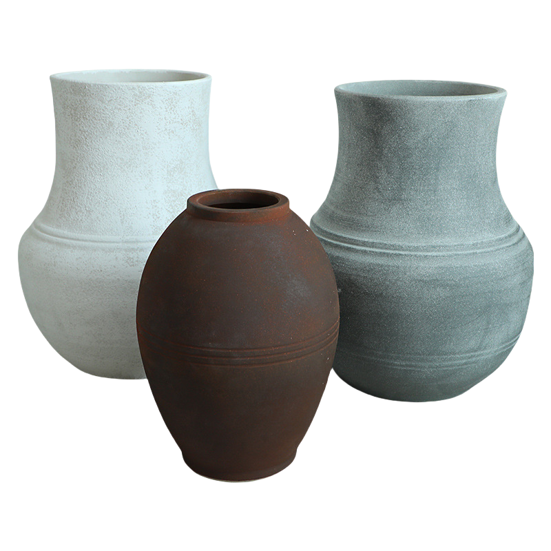 Grey coarse pottery art rustic wabi-sabi style zen art artist handmade scupltural large floor ceramic vase 60x40cm