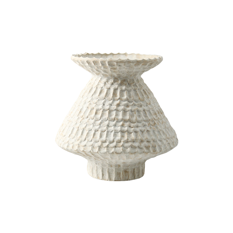 Beige hand-engraved wabi-sabi style abstract artist handmade scupltural coarse pottery art ceramic vase 37x38cm