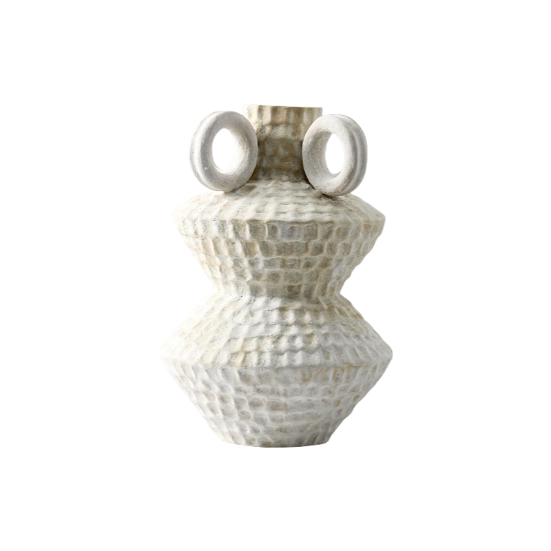 Beige hand-engraved wabi-sabi style abstract artist handmade scupltural coarse pottery art ceramic vase 43.5x30cm
