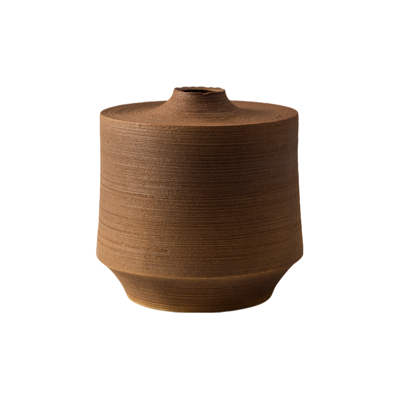 Brown wabi-sabi style abstract artist handmade scupltural coarse pottery art ceramic vase 28.5x28.5cm