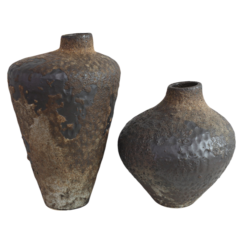 Brown coarse pottery art rustic wabi-sabi style zen art artist handmade scupltural ceramic vase 26x23cm