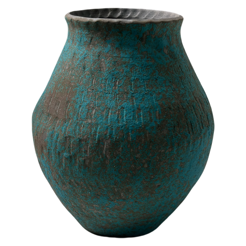 Green hand-engraved rustic wabi-sabi style zen art artist handmade carved scupltural ceramic vase 24x21cm