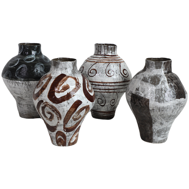 Grey and black hand drawn wabi-sabi style zen art artist handmade scupltural ceramic vase 30x22cm
